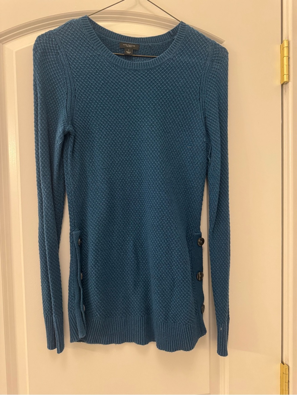 Ann Taylor Blue Crewneck Button-Side Knit Sweater